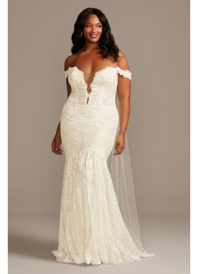 As Is Off Shoulder Plunging Plus Wedding Dress - A beautiful look for the bold bride, this